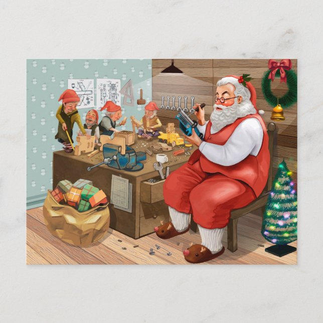 Santa and his Elves in the Workshop Holiday Postcard (Front)