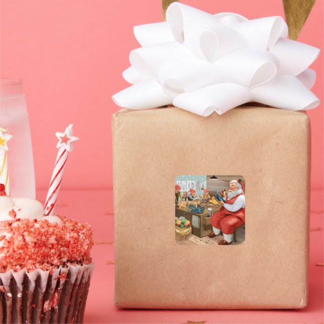 Santa and his Elves in the Workshop Square Sticker (Party)