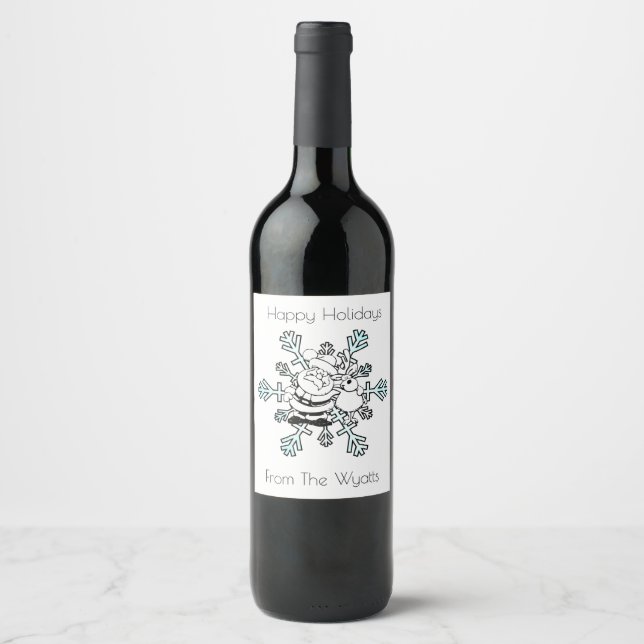 Santa and his Favourite Reindeer Black and White Wine Label (Front)
