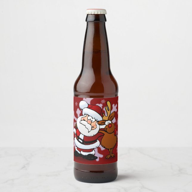 Santa and His Favourite Reindeer Custom Beer Bottl Beer Bottle Label (Front)