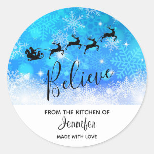 Santa and his Flying Reindeer - Believe -  Kitchen Classic Round Sticker