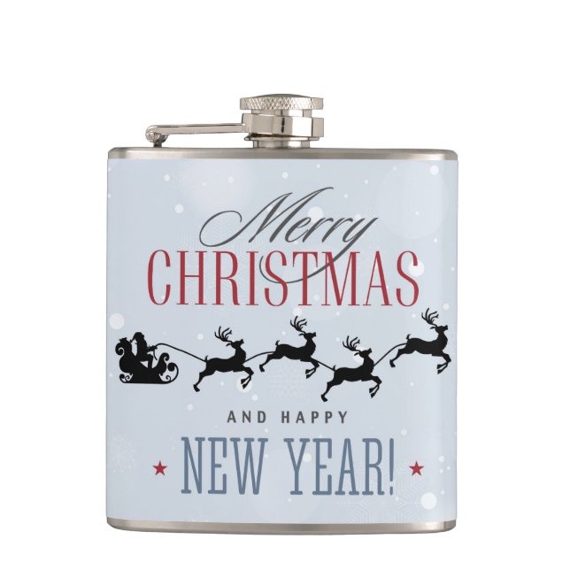 Santa and his Flying Reindeer Silhouette Christmas Hip Flask (Front)