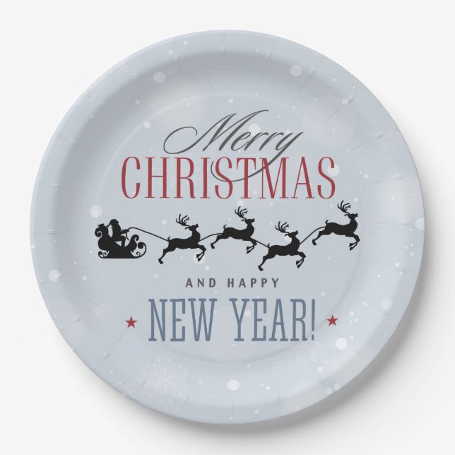Santa and his Flying Reindeer Silhouette Christmas Paper Plate (Front)