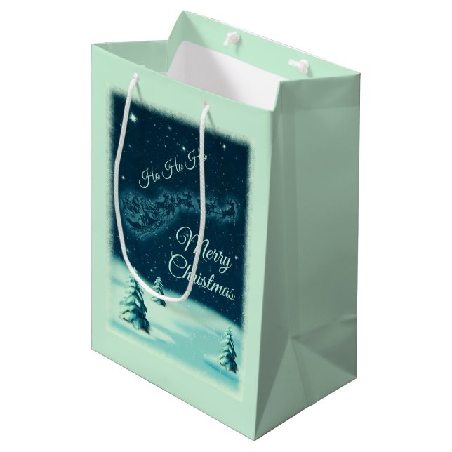 Santa and his Reindeers Christmas Night Sky Medium Gift Bag (Front Angled)