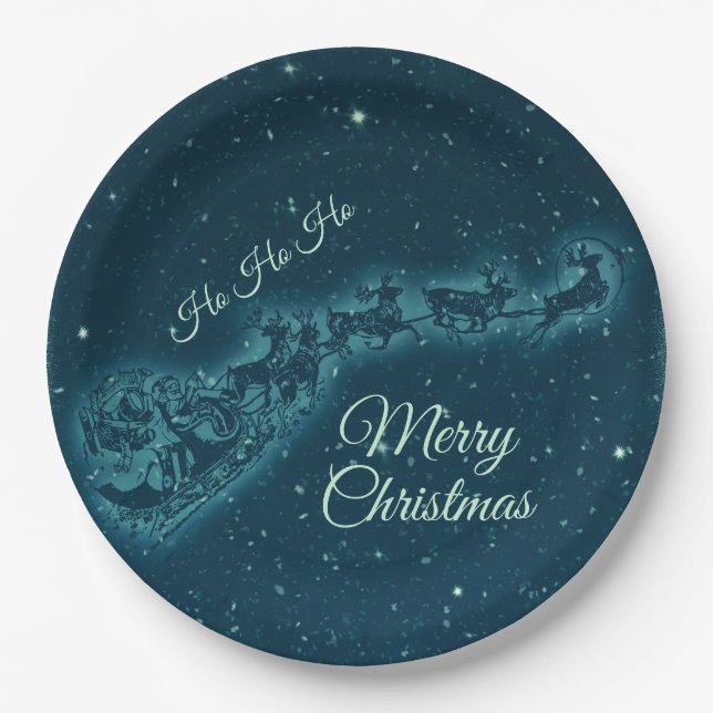 Santa and his Reindeers Christmas Night Sky Paper Plate (Front)