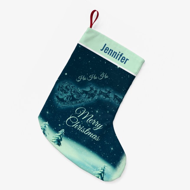 Santa and his Reindeers Christmas Night Sky Small Christmas Stocking (Front (Hanging))