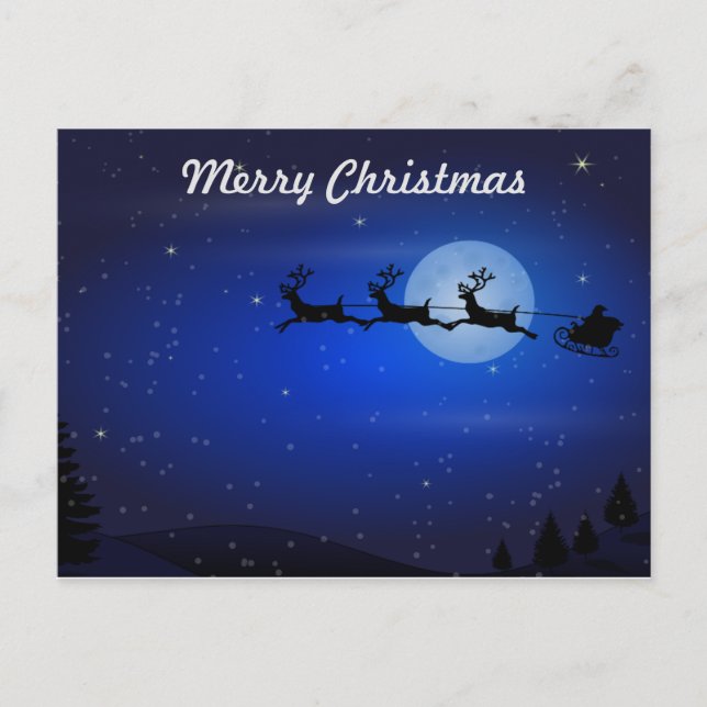 Santa and his reindeers flying at night holiday postcard (Front)