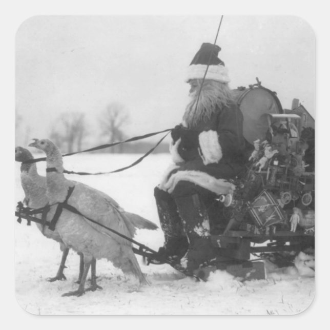 Santa and His Turkey Reindeer Square Sticker (Front)