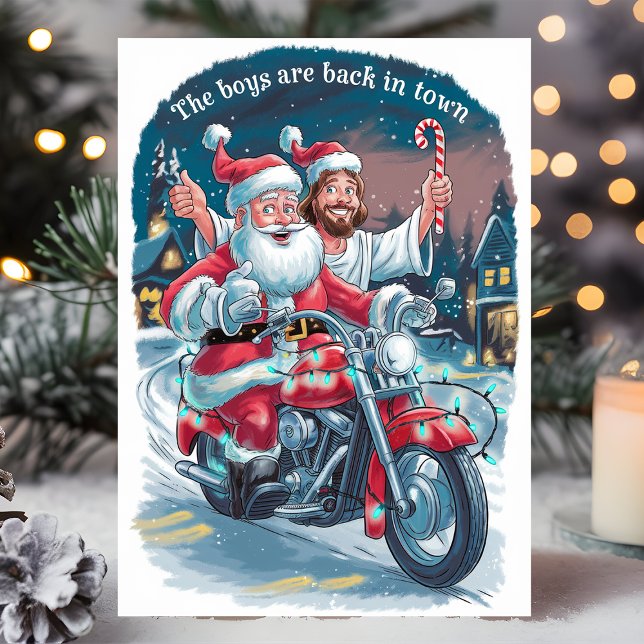 Santa and Jesus on a Motorcycle Funny Christmas Holiday Card (Creator Uploaded)