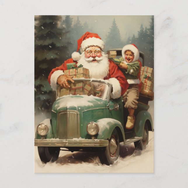 Santa and Kid in a Small Green Car with Gifts Holiday Postcard (Front)