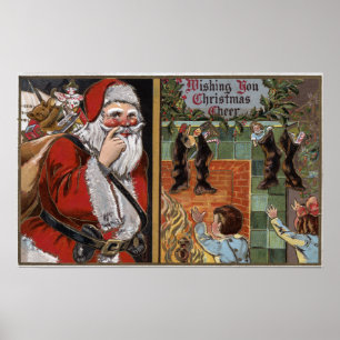 Santa and Kids looking up Chimney Poster
