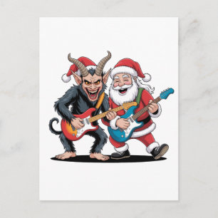 Santa And Krampus  Christmas Rock Evil  Holiday Postcard