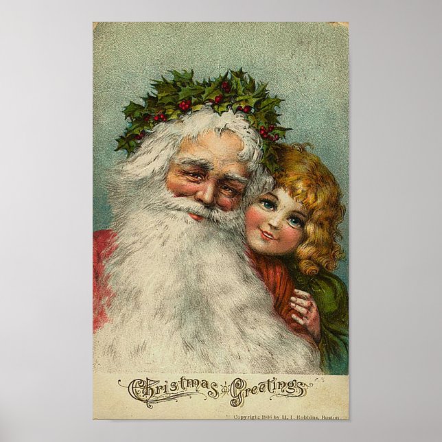Santa and Little Girl Christmas Greetings Card Poster (Front)