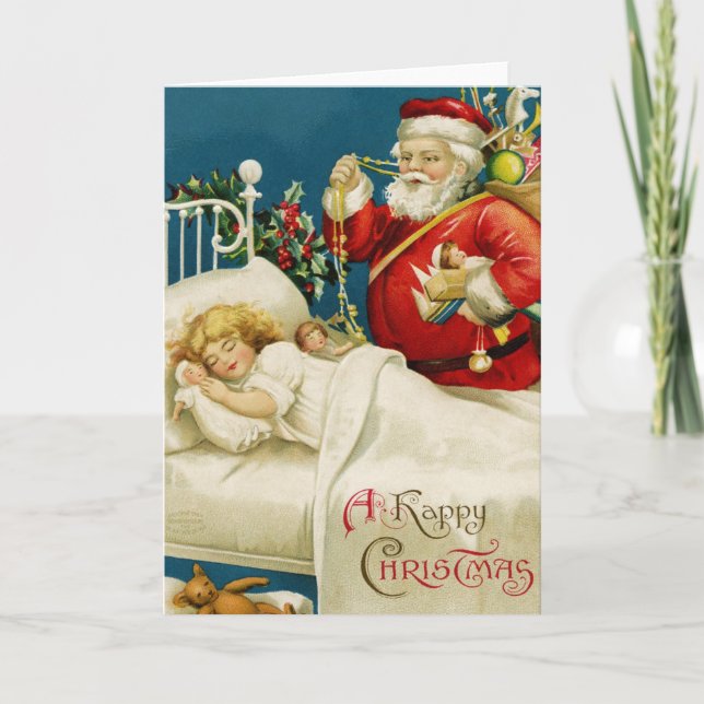 Santa and Little Sleeping Girl Christmas Holiday Card (Front)