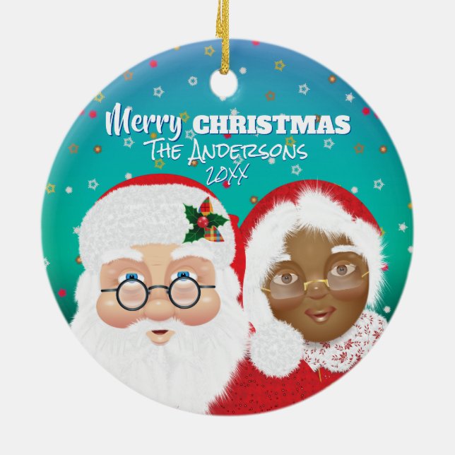 Santa and Mrs Claus Biracial Christmas Ceramic Tree Decoration (Back)