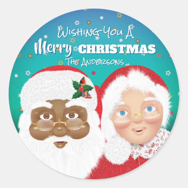 Santa and Mrs Claus Biracial Christmas Classic Round Sticker (Front)