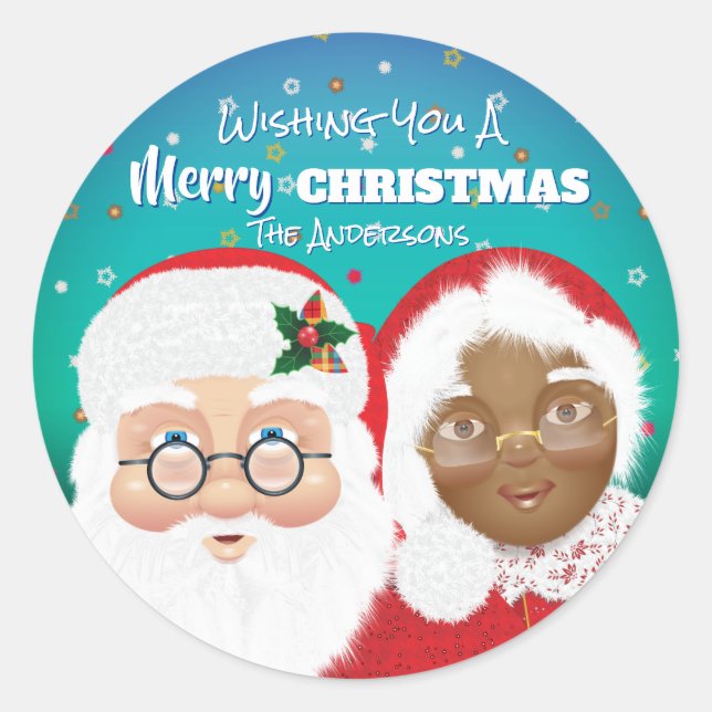 Santa and Mrs Claus Biracial Christmas Classic Round Sticker (Front)
