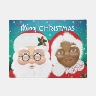 Santa and Mrs Claus Biracial Christmas Holiday Doormat