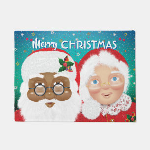 Santa and Mrs Claus Biracial Christmas Holiday Doormat