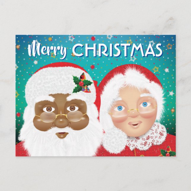 Santa and Mrs Claus Biracial Christmas Holiday Postcard (Front)