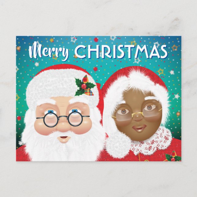 Santa and Mrs Claus Biracial Christmas Holiday Postcard (Front)