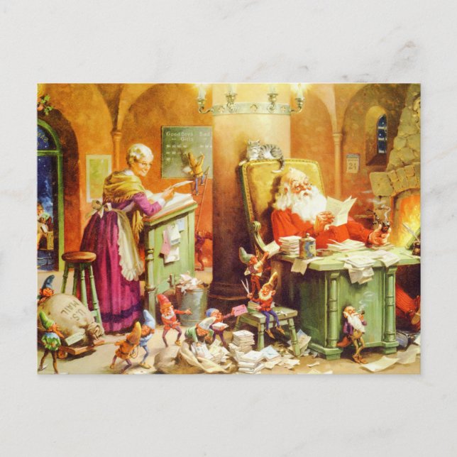 Santa and Mrs Claus Reading Mail at the North Pole Holiday Postcard (Front)