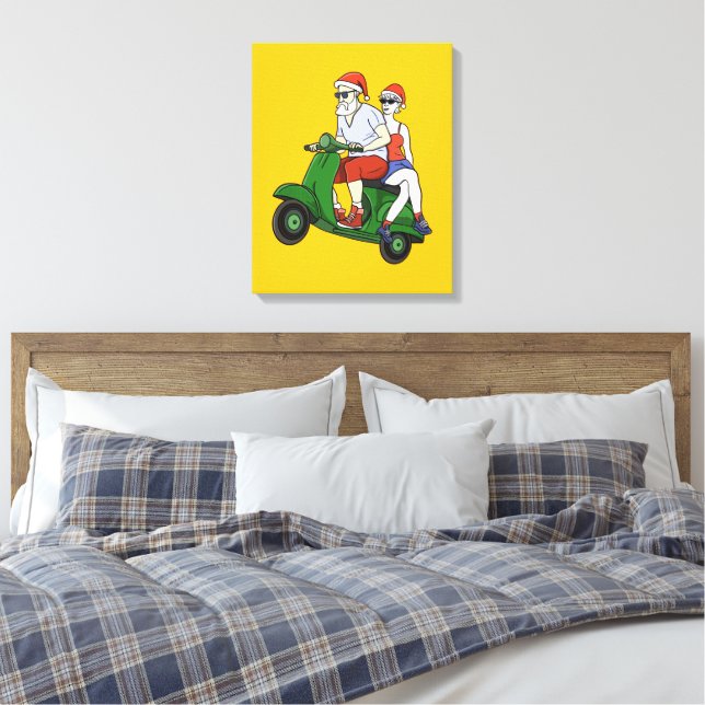 Santa and Mrs. Claus riding a scooter Canvas Print (Insitu(Bedroom))