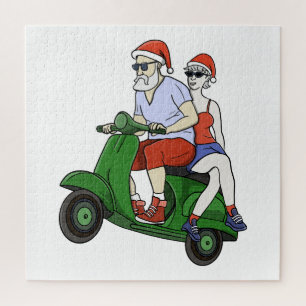 Santa and Mrs. Claus riding a scooter Jigsaw Puzzle