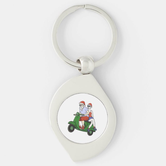 Santa and Mrs. Claus riding a scooter Key Ring (Front)