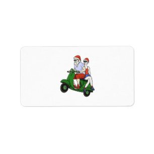 Santa and Mrs. Claus riding a scooter Label
