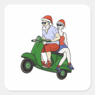 Santa and Mrs. Claus riding a scooter Square Sticker