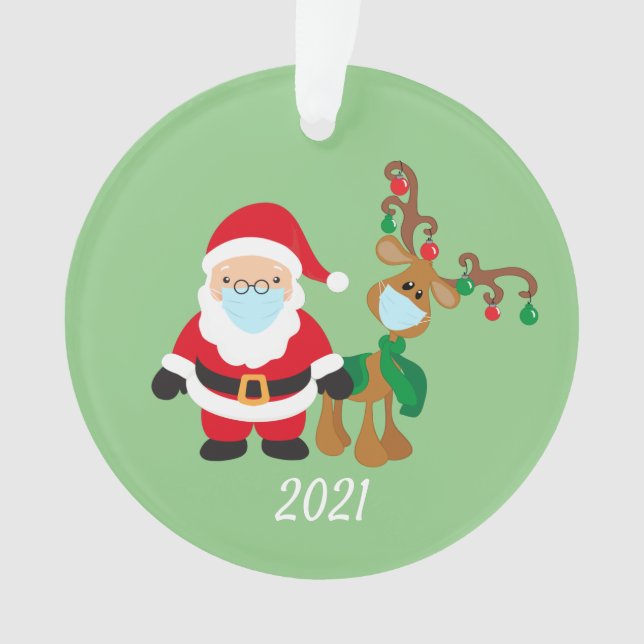 Santa and Reindeer 2021 Face mask Covid Christmas Ornament (Front)