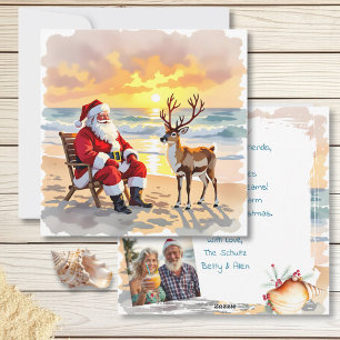 Santa and Reindeer at Beach Personalized Christmas Holiday Card