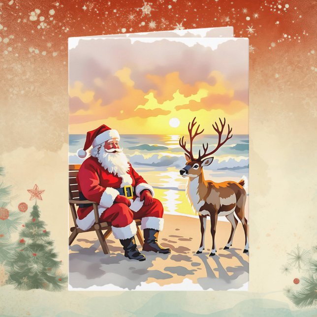 Santa and Reindeer at Beach Personalized Christmas Holiday Card (Creator Uploaded)
