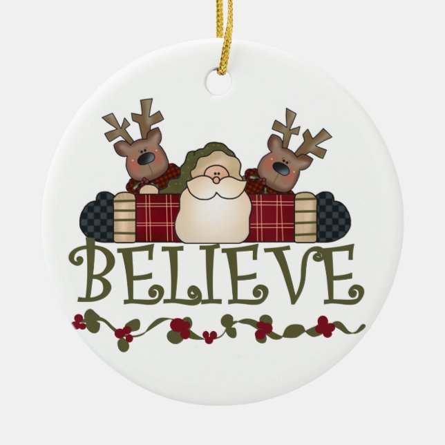 Santa and Reindeer Believe Keepsake Ornament (Front)