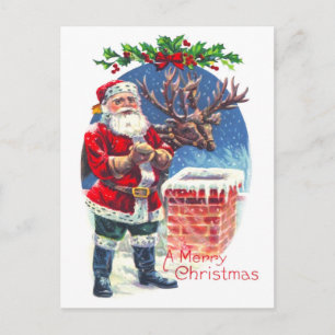 Santa and Reindeer beside the Chimney Holiday Postcard