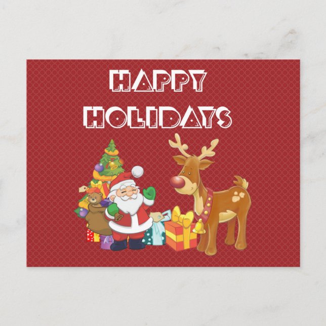 Santa and Reindeer by Christmas Tree with Presents Holiday Postcard (Front)