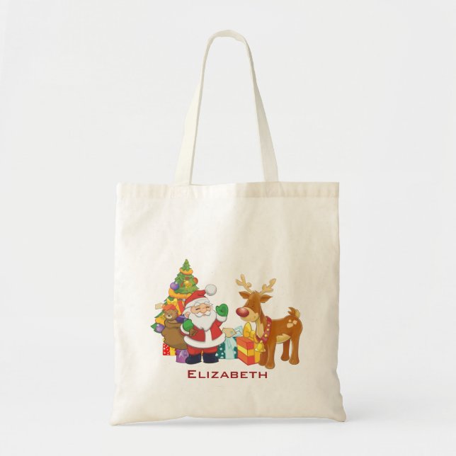 Santa and Reindeer by Christmas Tree with Presents Tote Bag (Front)