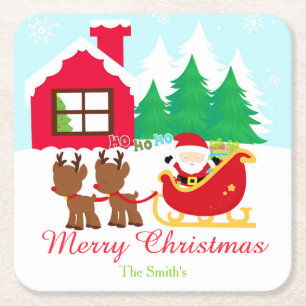 Santa and Reindeer Christmas Holiday Party Square Paper Coaster