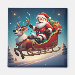 Santa And Reindeer Christmas Sleigh Artwork Magnet