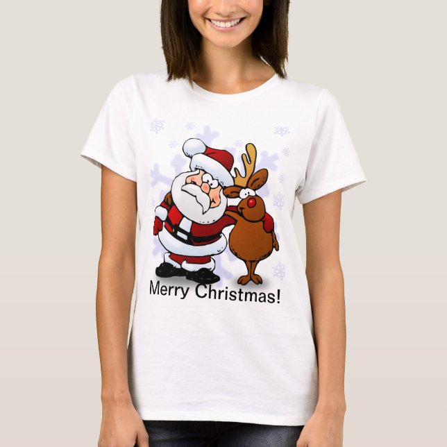 Santa And Reindeer Christmas T-Shirt (Front)