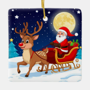 Santa And Reindeer Flying Through Snowy Moonlit  Ceramic Ornament
