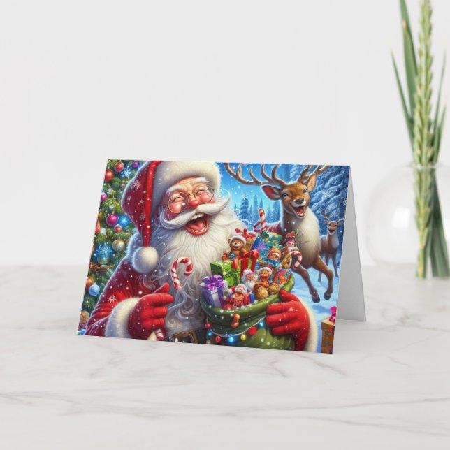 Santa and reindeer Folded Holiday Card (Front)