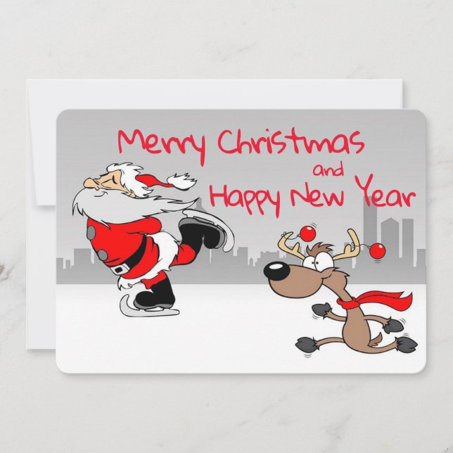 Santa and Reindeer Ice Skating Holiday Card (Front)