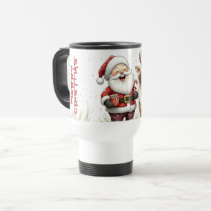 Santa and Reindeer in Festive Cartoon Style Travel Mug