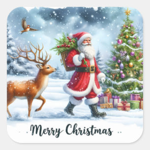 Santa and Reindeer in Snowy Forest Square Sticker