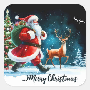 Santa and Reindeer Joyfully Celebrate Square Sticker