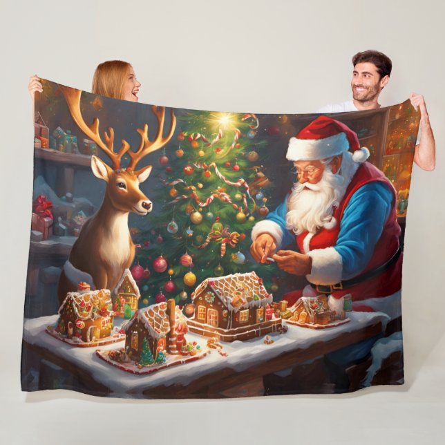 Santa and reindeer make gingerbread house fleece blanket (In Situ)