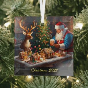 Santa and reindeer make gingerbread house glass tree decoration