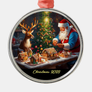 Santa and reindeer make gingerbread house metal tree decoration